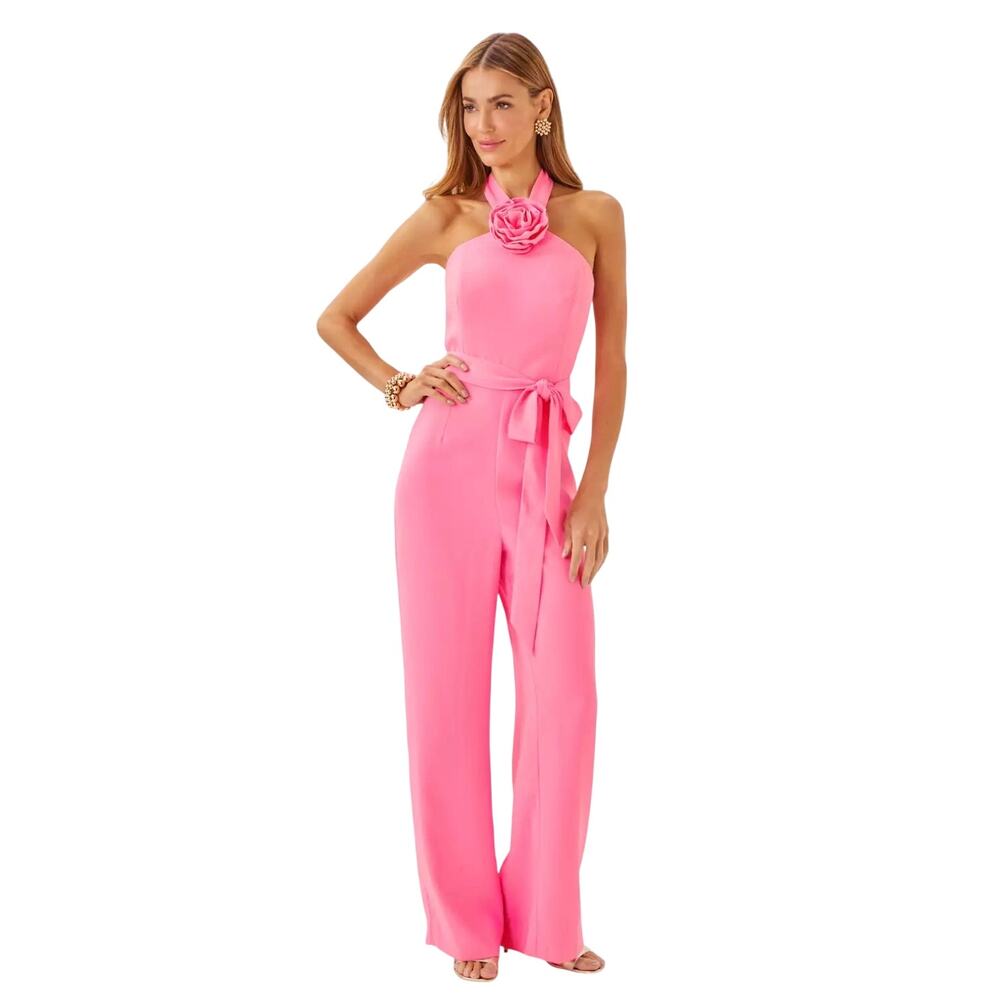 NWT Lilly Pulitzer Connie Rousseau Pink Halter Neck Rosette Wide Leg Jumpsuit